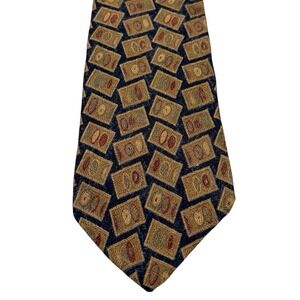 Eagle Menswear Silk Tie Geometric Retro Pattern Gold Navy 4" x 59.5" Vintage